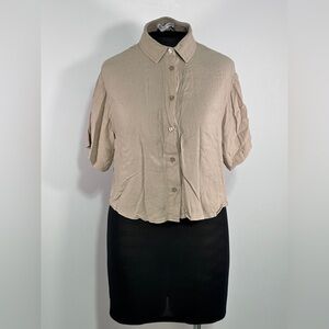 Charlotte Russe Crop Top Button Up Collared Short Sleeve Small Beige
